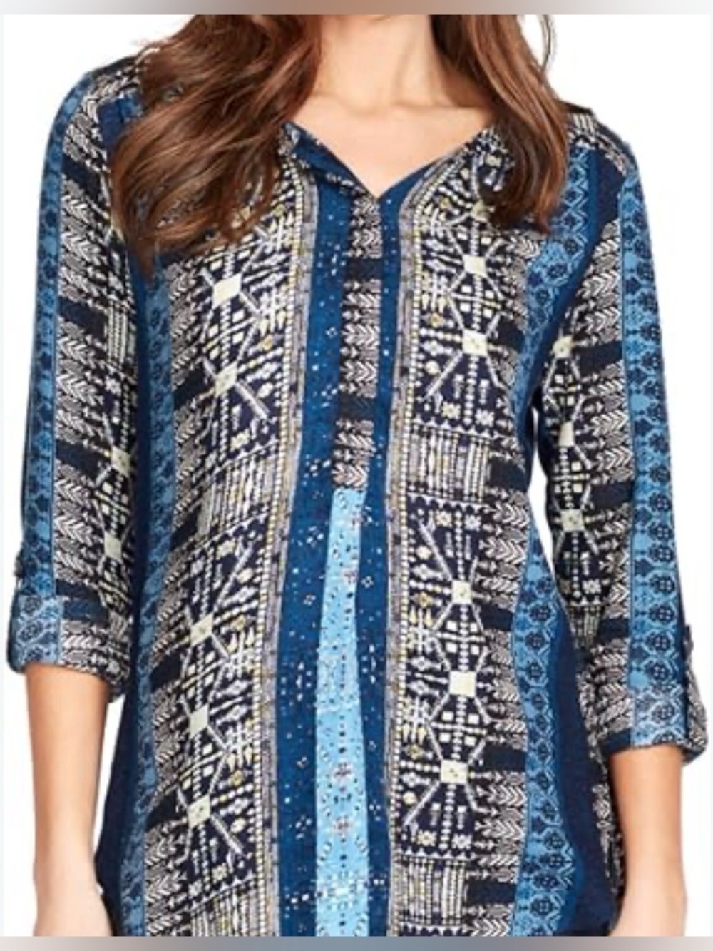 Nine West Lucy Poseidon Tapestry Long Sleeve Blouse Small
